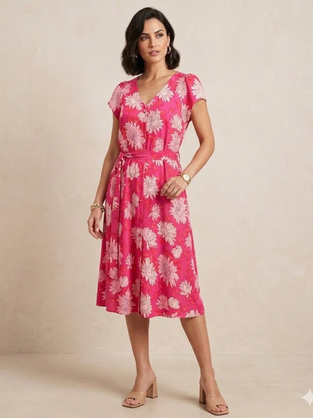 Talbots Pink Floral Midi Dress Size 14P-16P